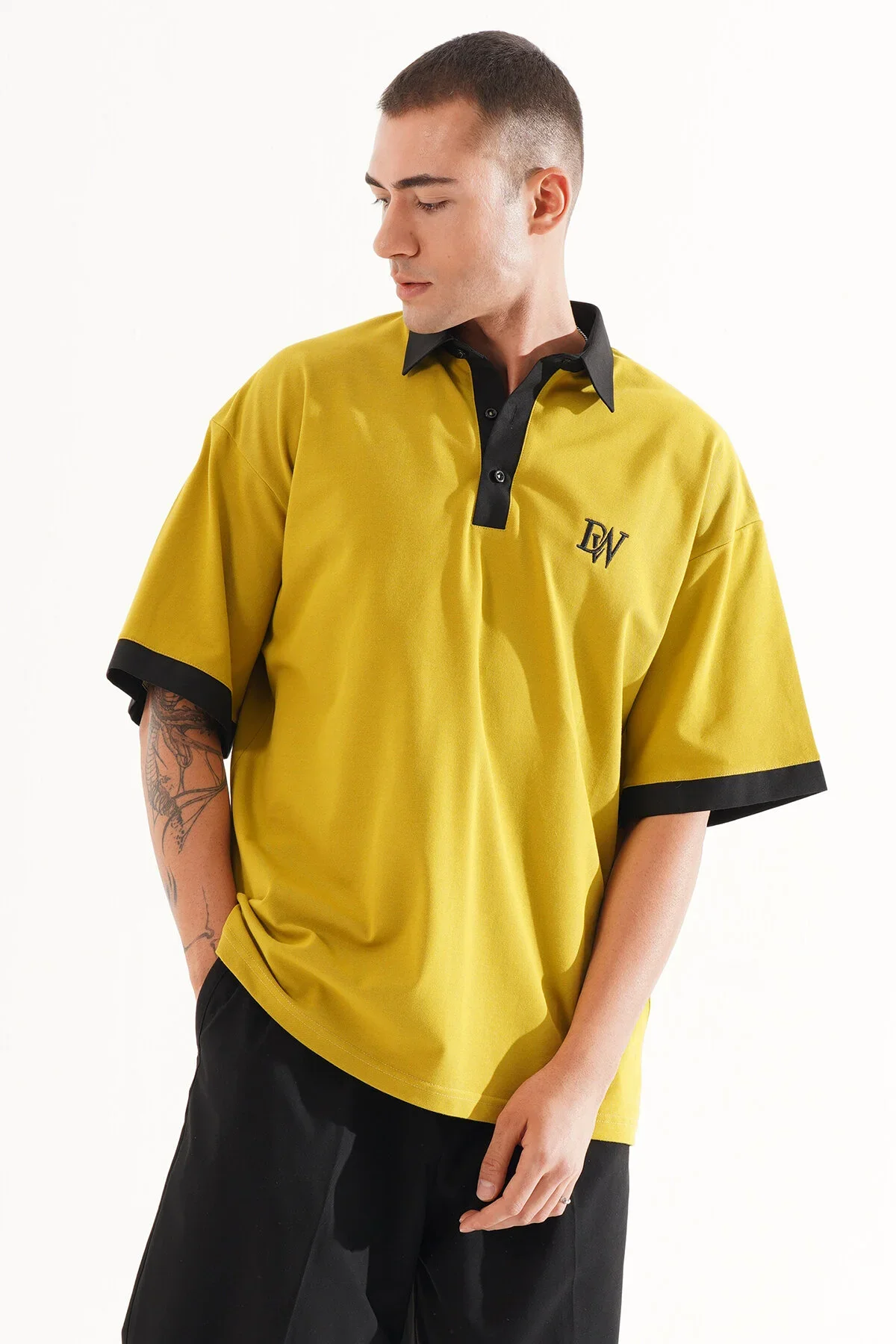 Erkek Oversize Hardal Polo Yaka T-shirt - görsel 5