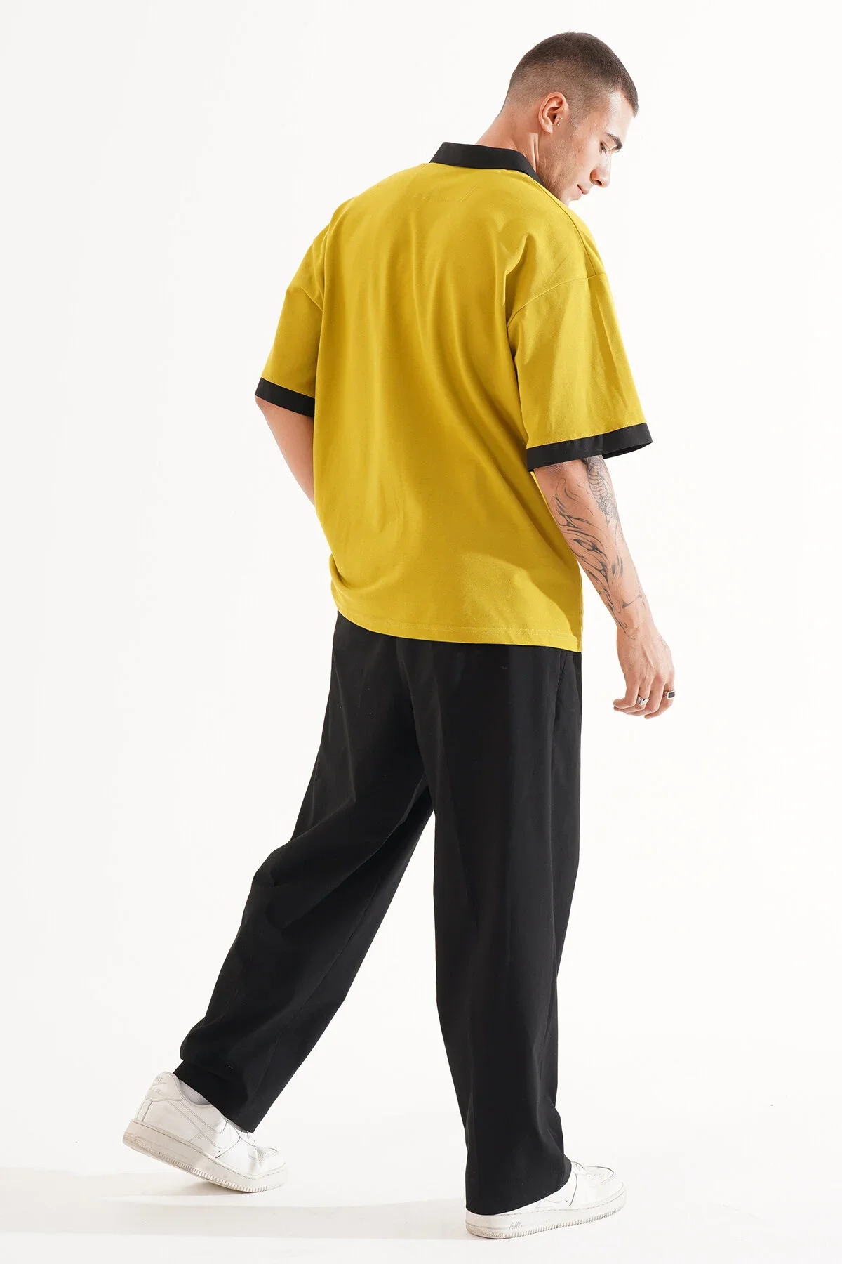 Erkek Oversize Hardal Polo Yaka T-shirt - görsel 6
