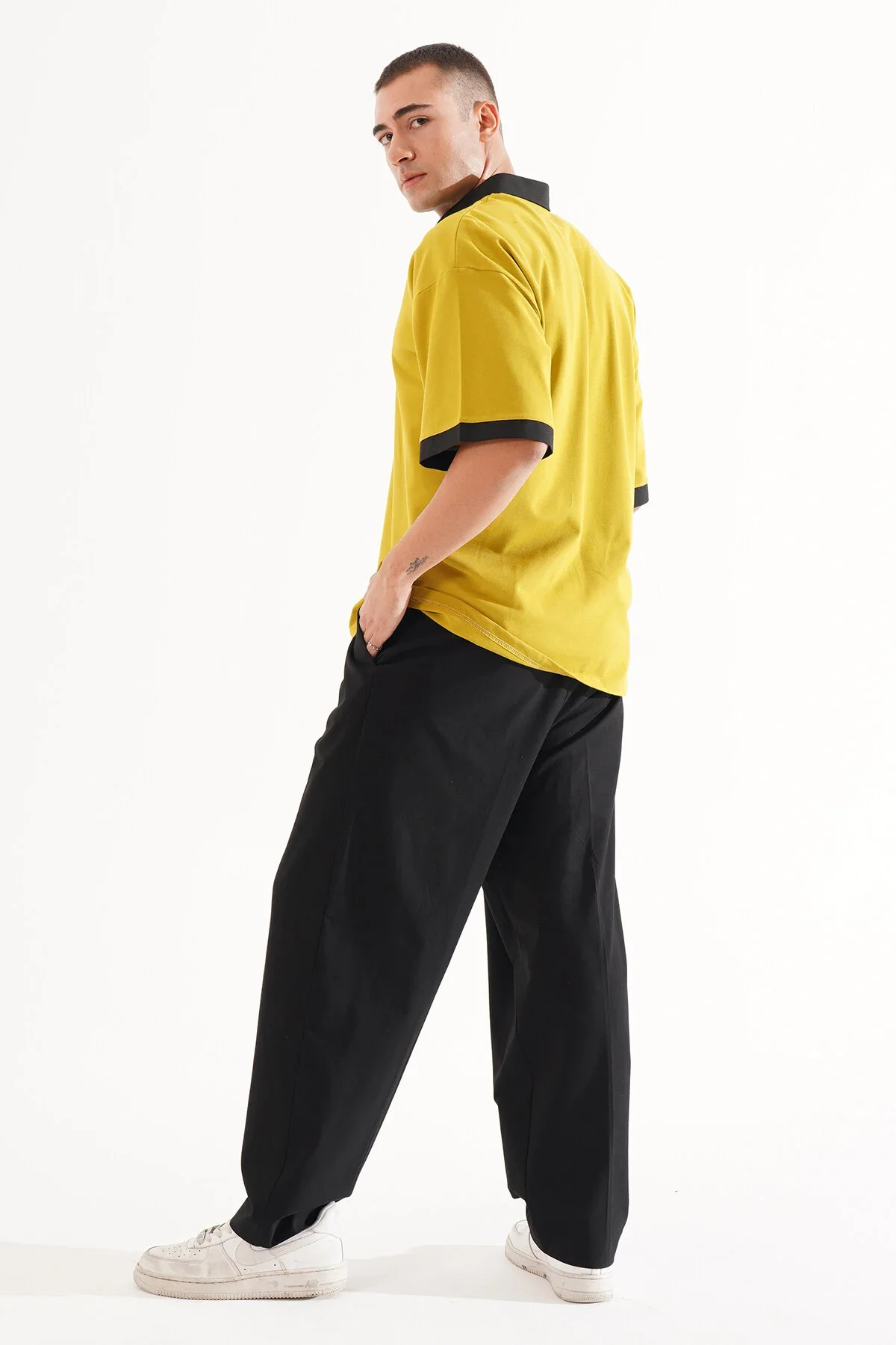 Erkek Oversize Hardal Polo Yaka T-shirt - görsel 7