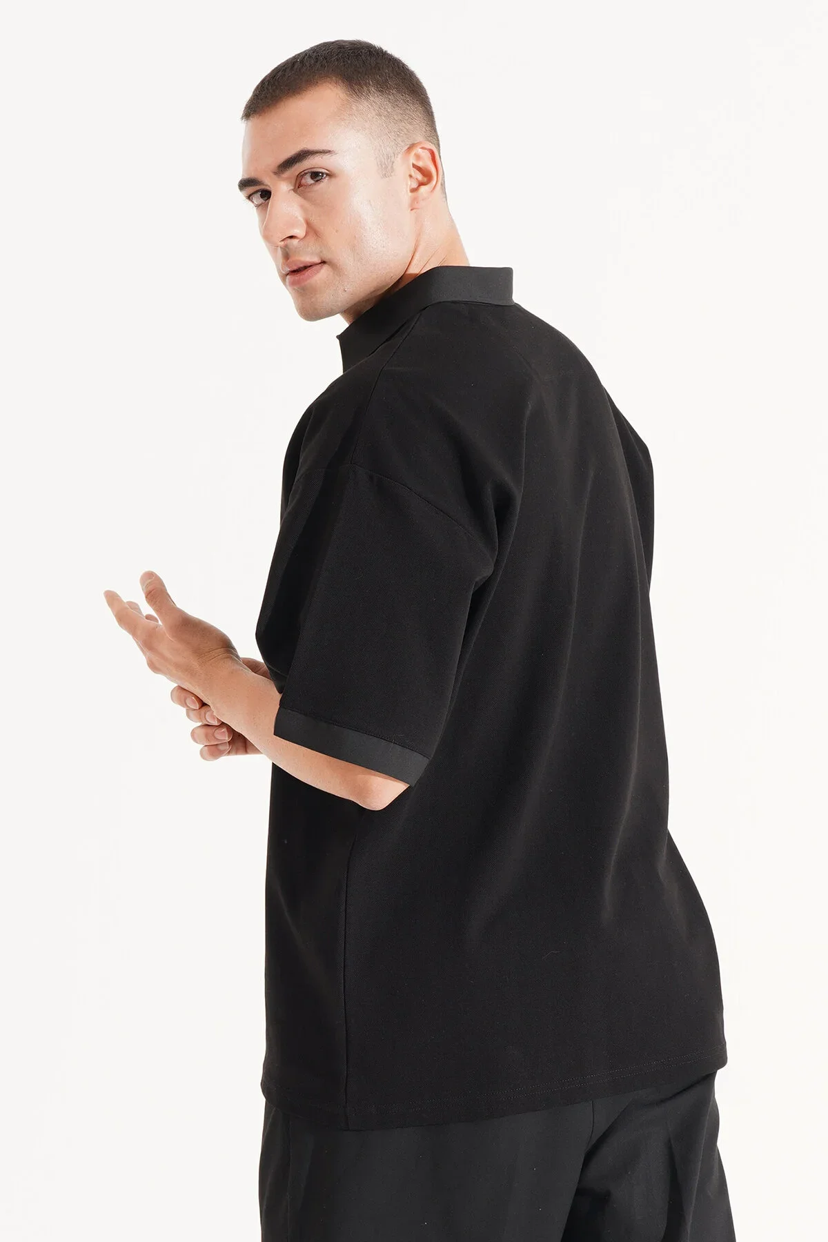 Erkek Oversize Siyah Polo Yaka T-shirt - görsel 2