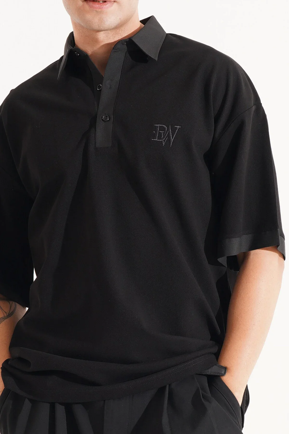 Erkek Oversize Siyah Polo Yaka T-shirt - görsel 4