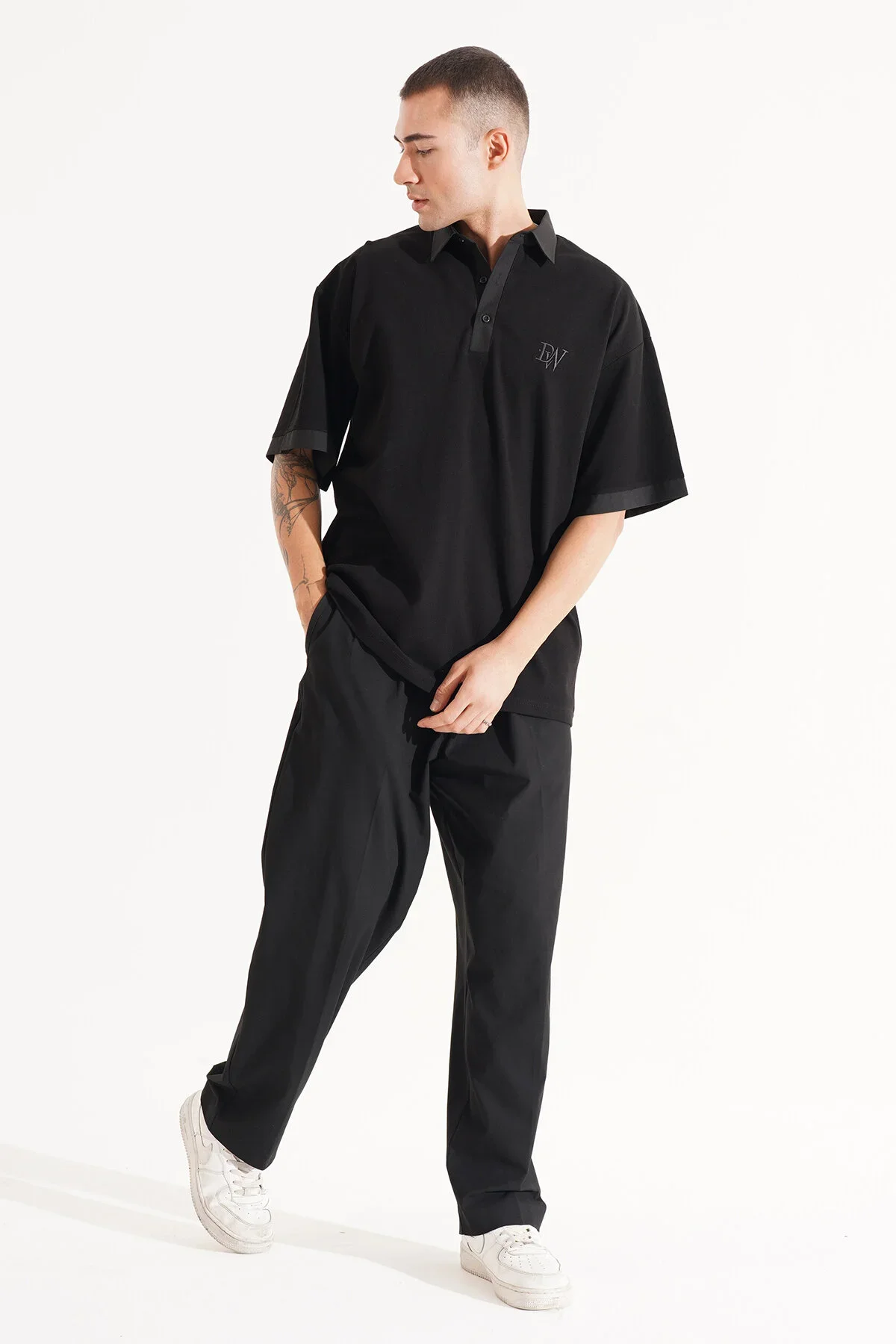 Erkek Oversize Siyah Polo Yaka T-shirt - görsel 6