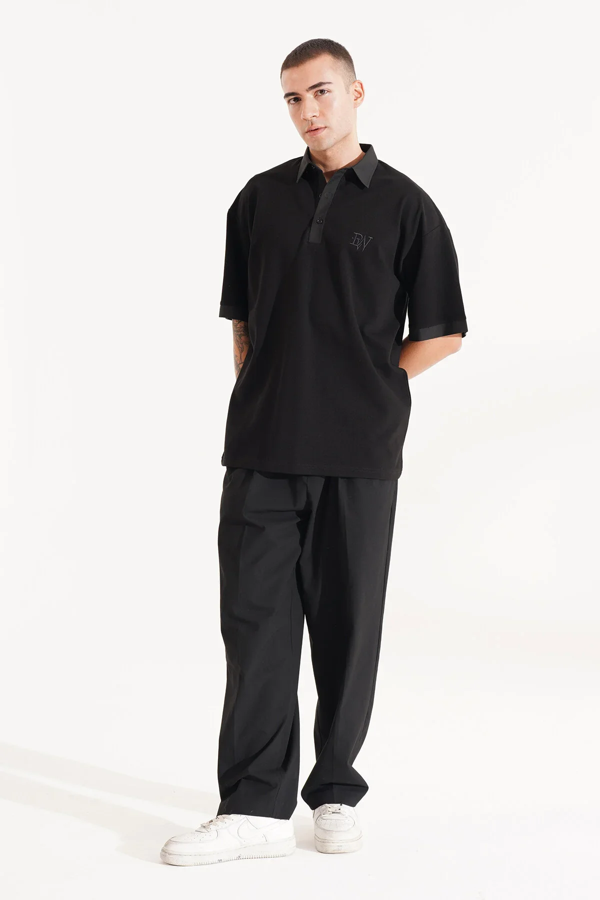 Erkek Oversize Siyah Polo Yaka T-shirt - görsel 7