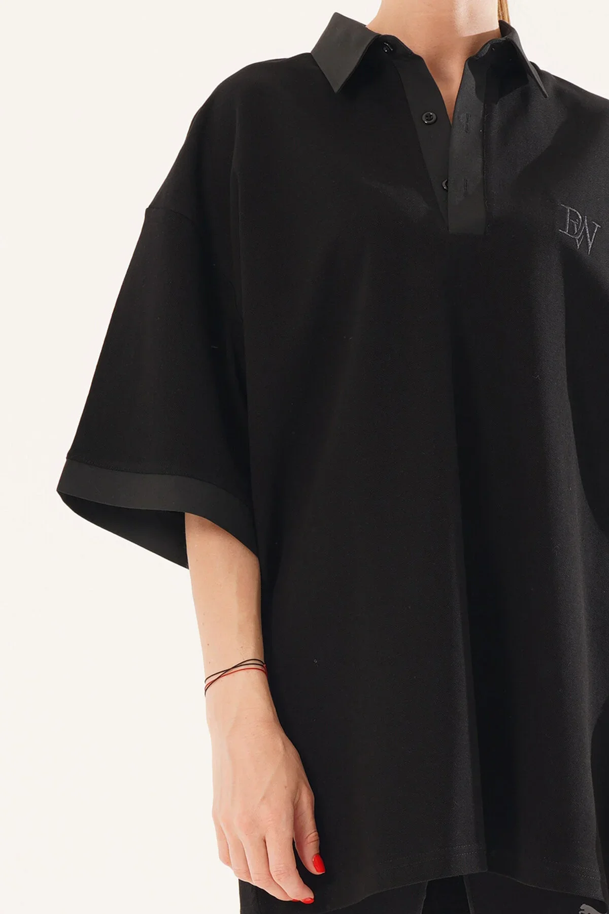 Kadın Oversize Siyah Polo Yaka T-shirt