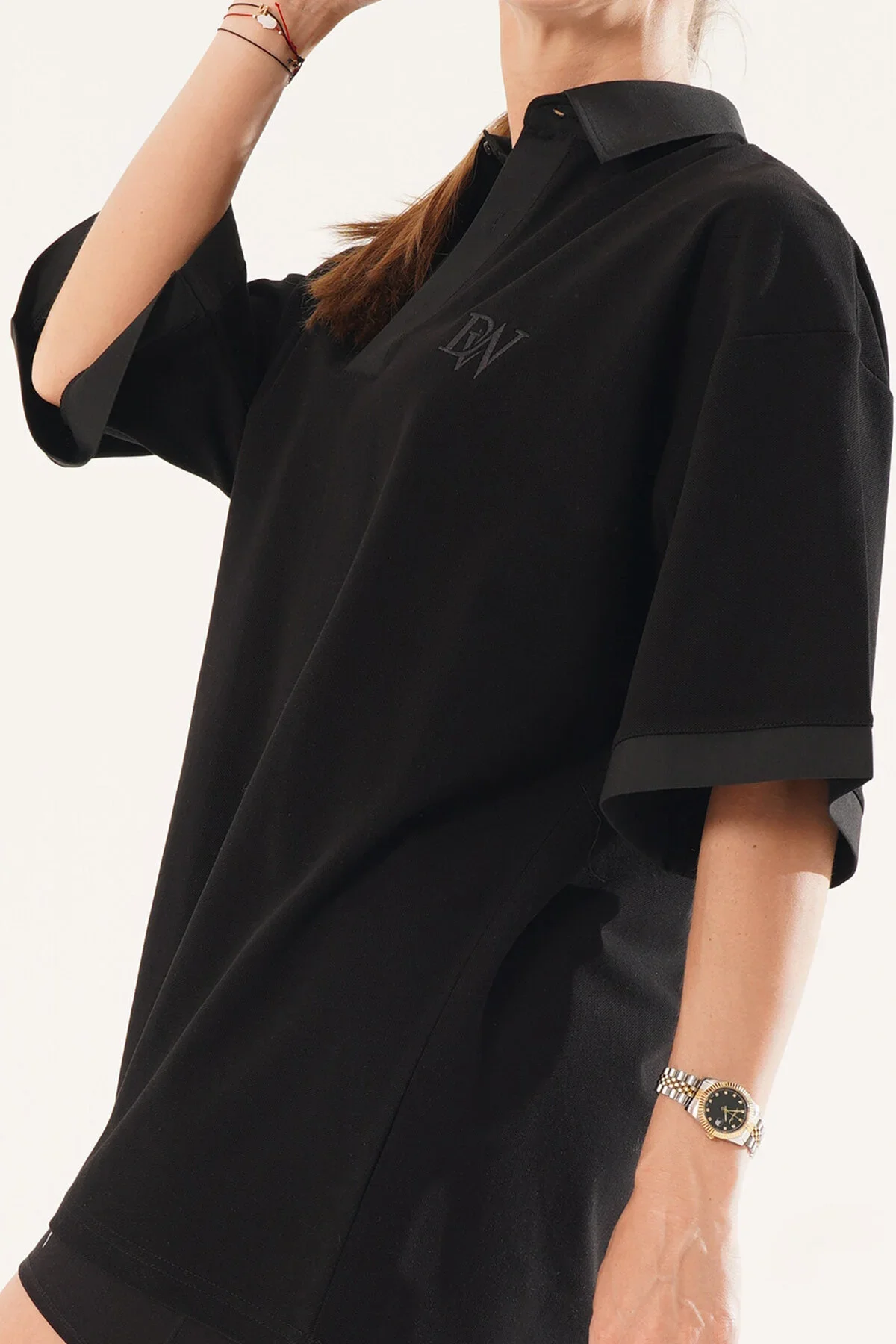 Kadın Oversize Siyah Polo Yaka T-shirt
