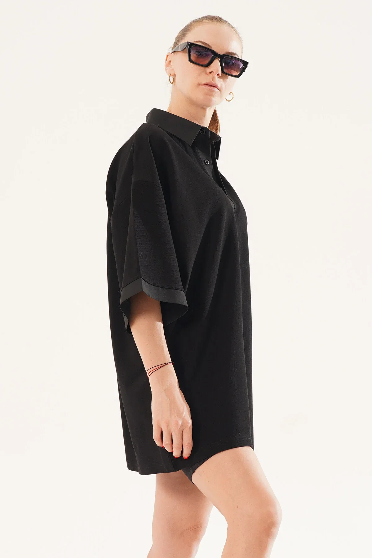 Kadın Oversize Siyah Polo Yaka T-shirt