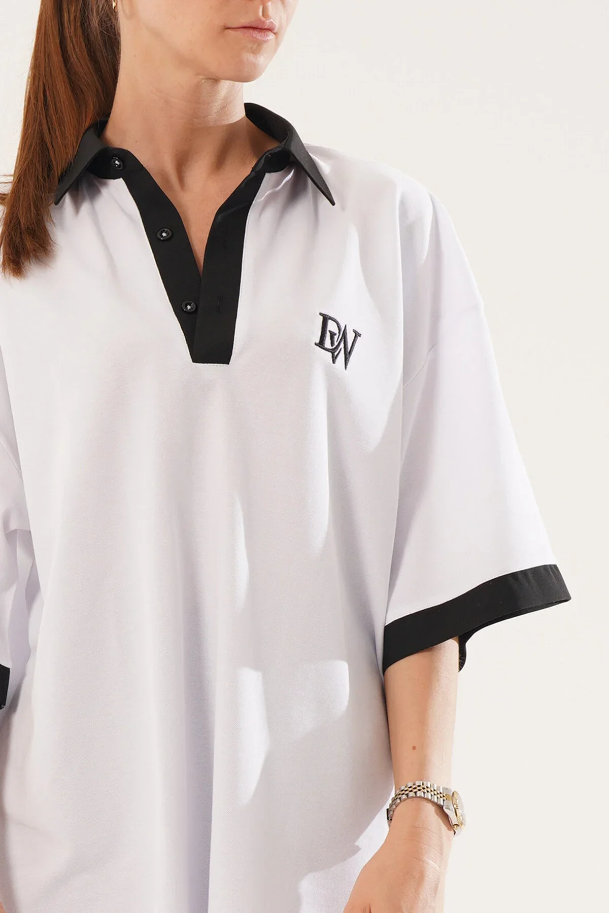 Kadın Oversize Beyaz Polo Yaka T-shirt