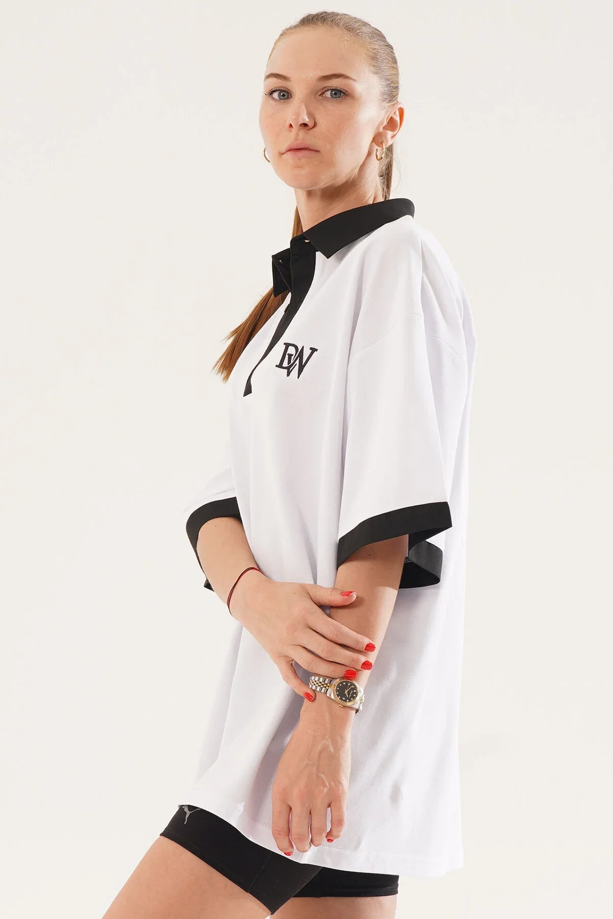 Kadın Oversize Beyaz Polo Yaka T-shirt