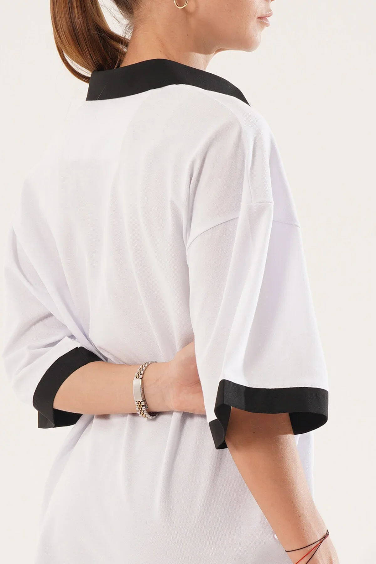 Kadın Oversize Beyaz Polo Yaka T-shirt - görsel 6