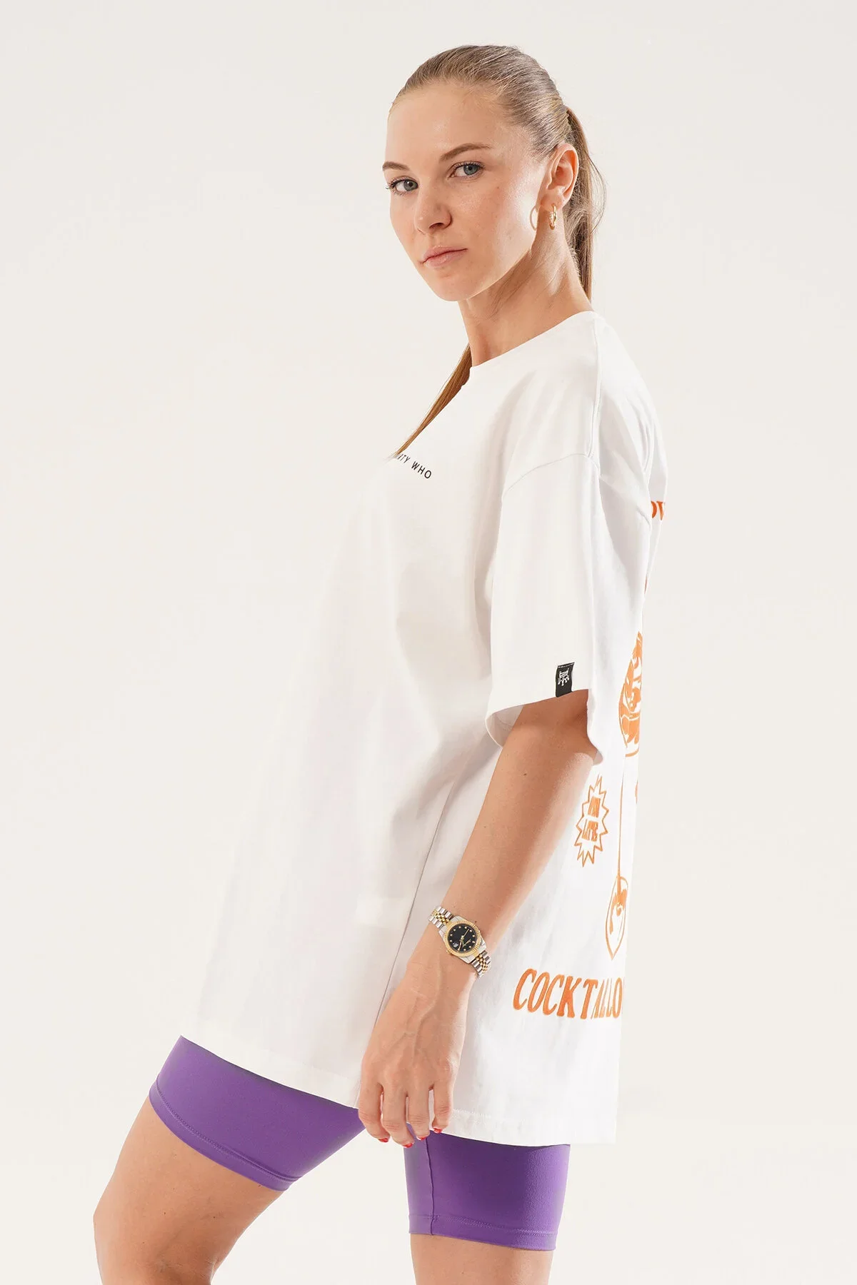 Kadın Kadife Baskılı Beyaz Oversize T-Shirt