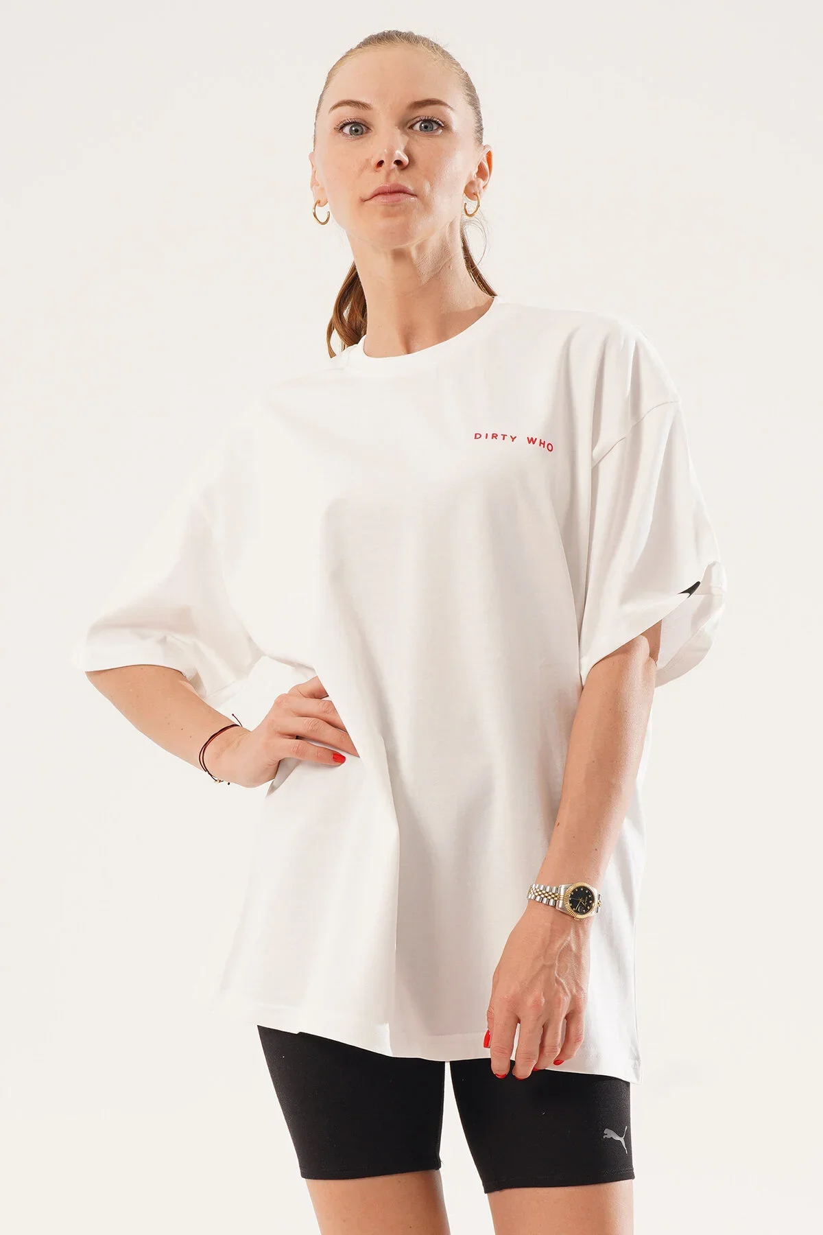 Kadın Kadife Baskılı Beyaz Oversize T-Shirt - görsel 5