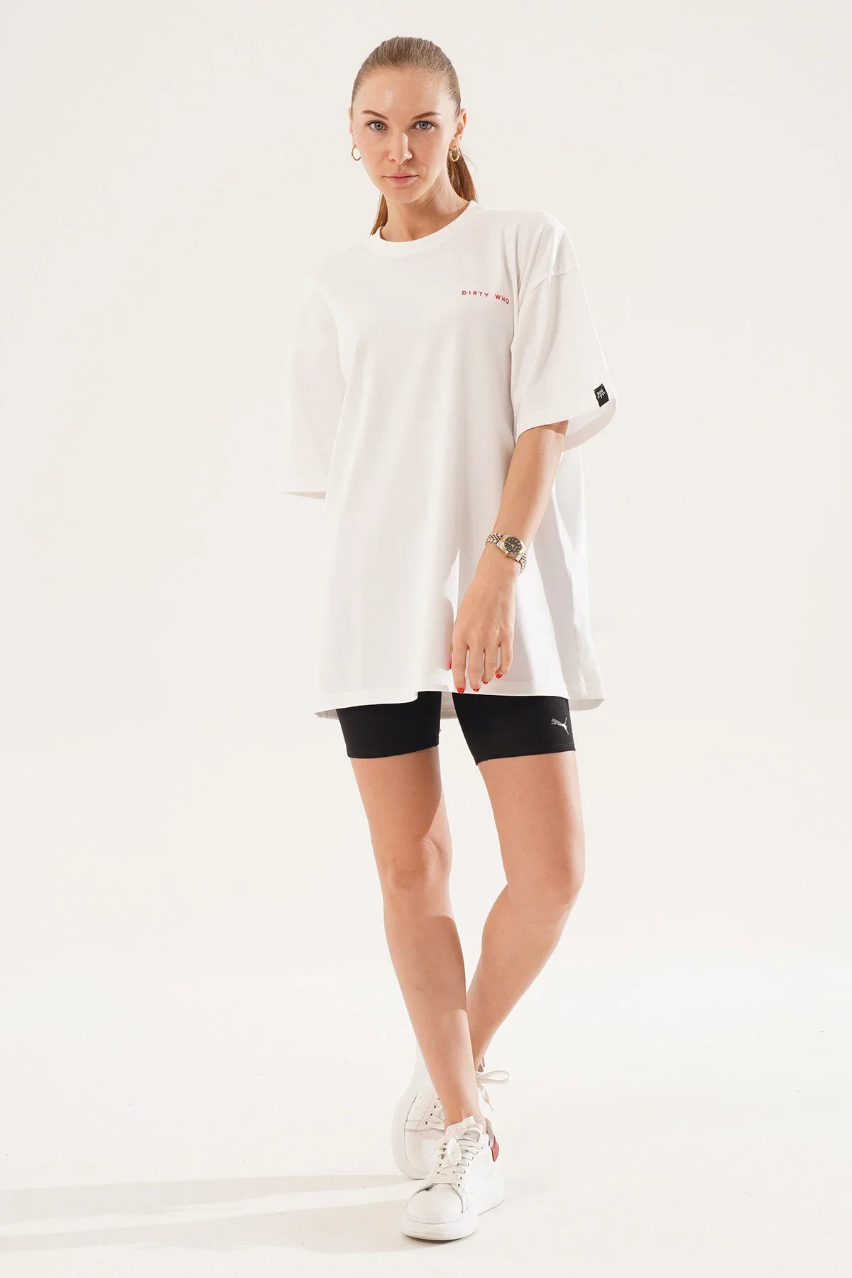 Kadın Kadife Baskılı Beyaz Oversize T-Shirt - görsel 3
