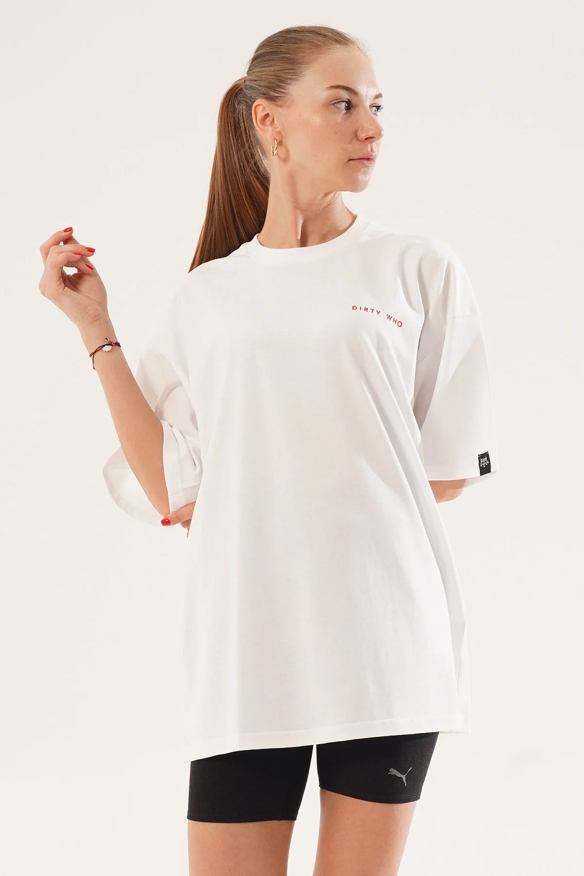 Kadın Kadife Baskılı Beyaz Oversize T-Shirt - görsel 5