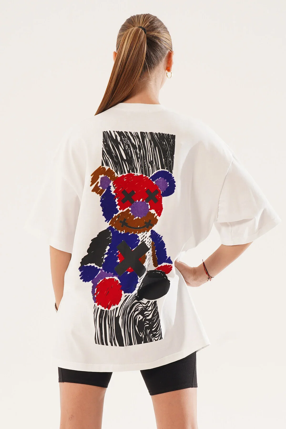 Kadın Kadife Baskılı Beyaz Oversize T-Shirt - görsel 6