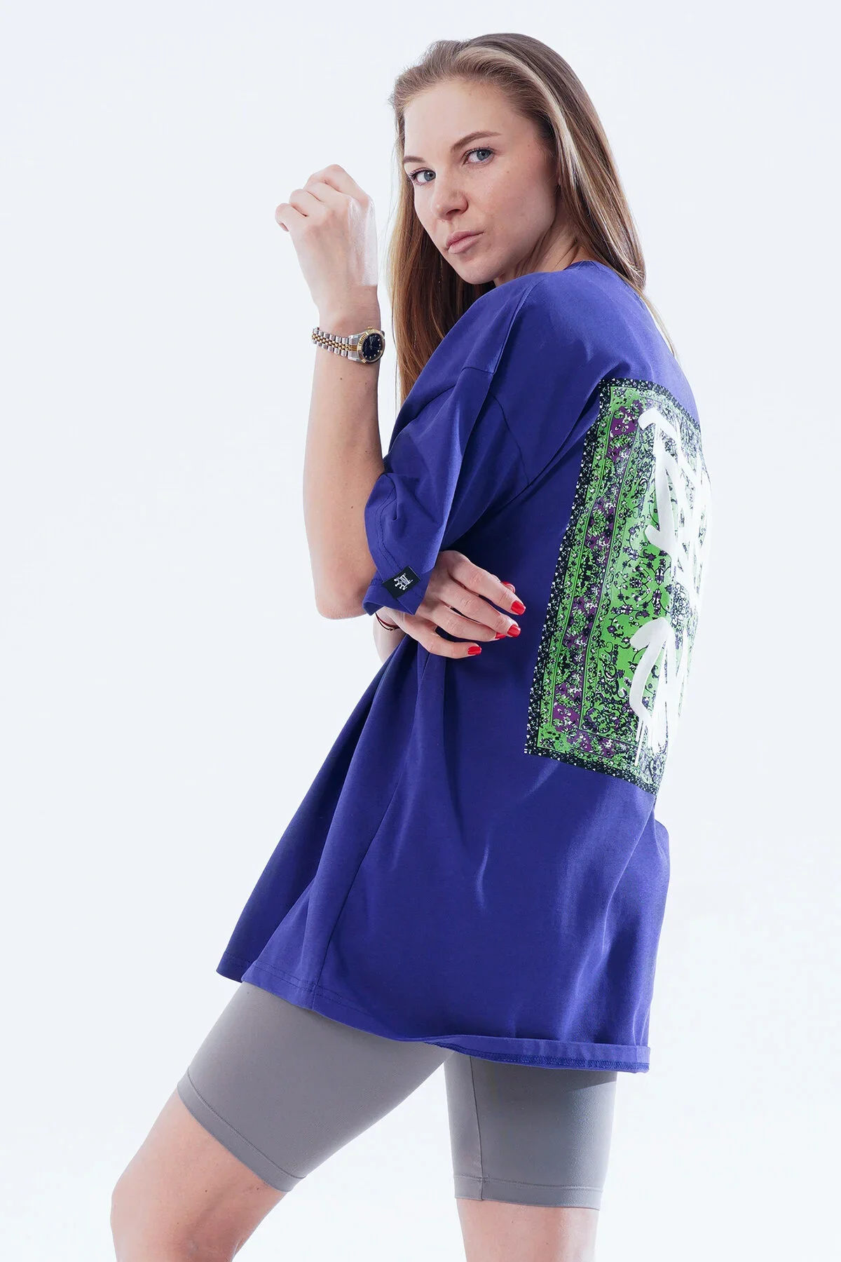Kadın Kadife Baskılı Mavi Oversize T-Shirt