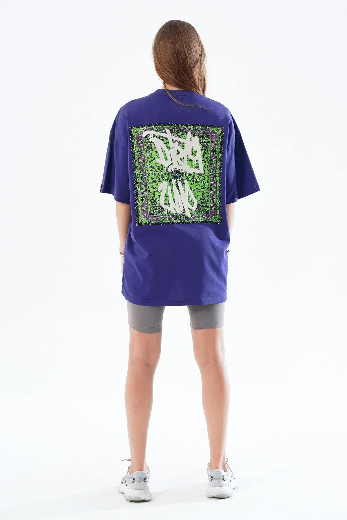 Kadın Kadife Baskılı Mavi Oversize T-Shirt