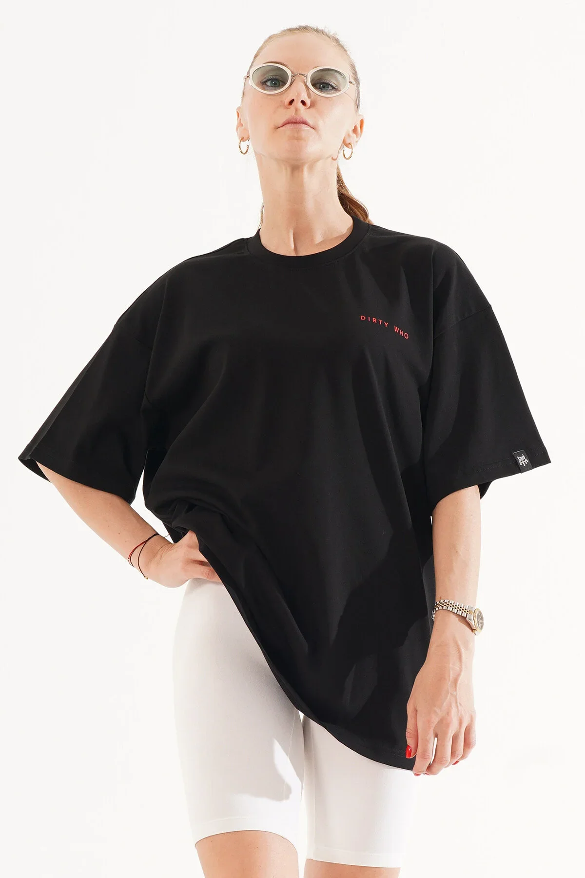 Kadın Kadife Baskılı Siyah Oversize T-Shirt