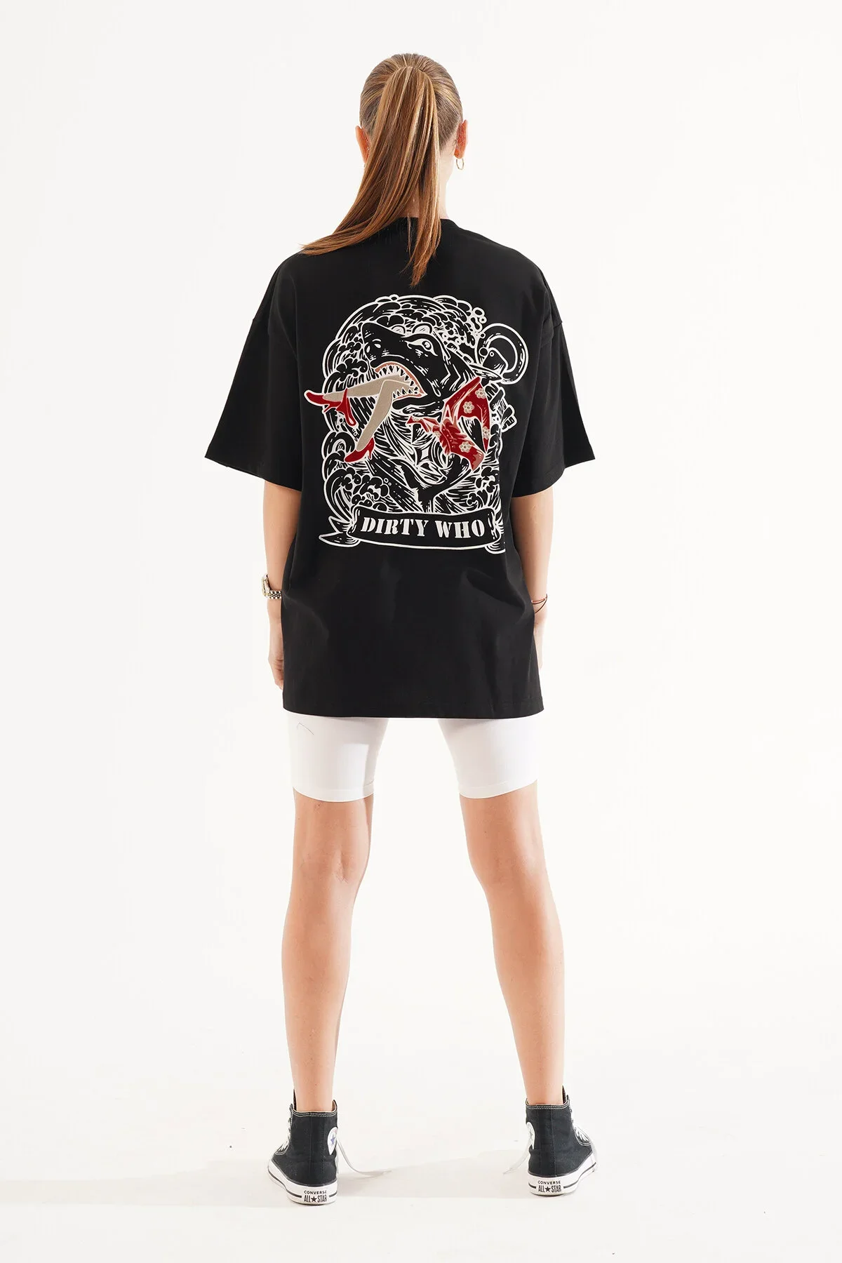Kadın Kadife Baskılı Siyah Oversize T-Shirt