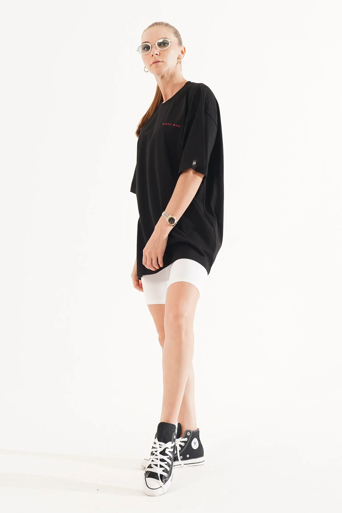 Kadın Kadife Baskılı Siyah Oversize T-Shirt