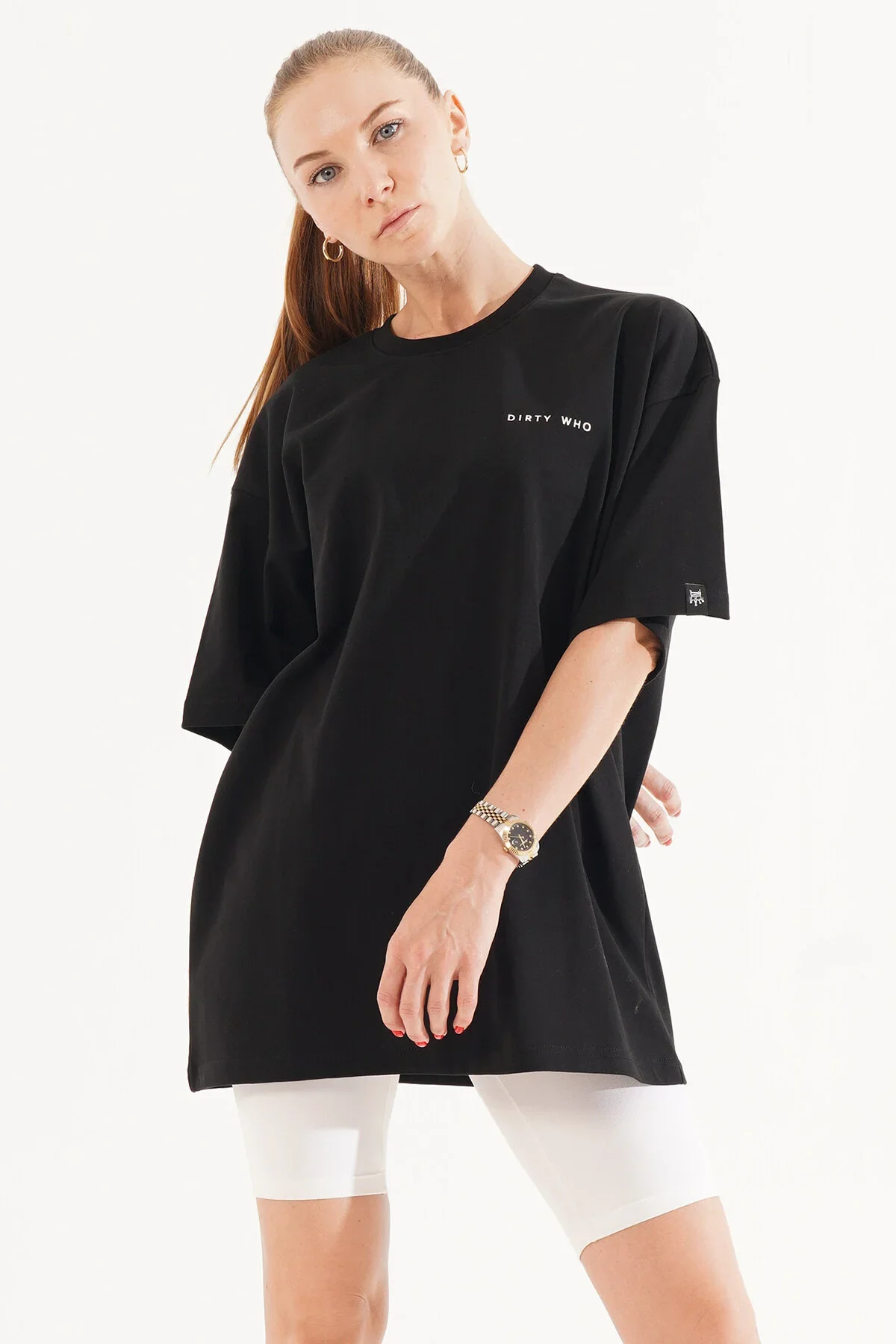 Kadın Kadife Baskılı Siyah Oversize T-Shirt