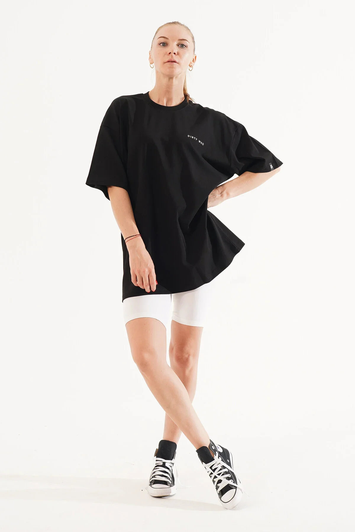 Kadın Kadife Baskılı Siyah Oversize T-Shirt
