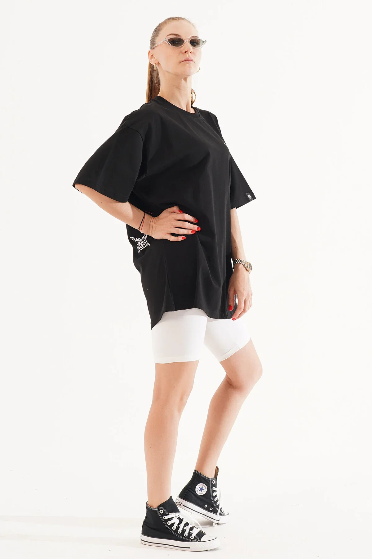 Kadın Kadife Baskılı Siyah Oversize T-Shirt