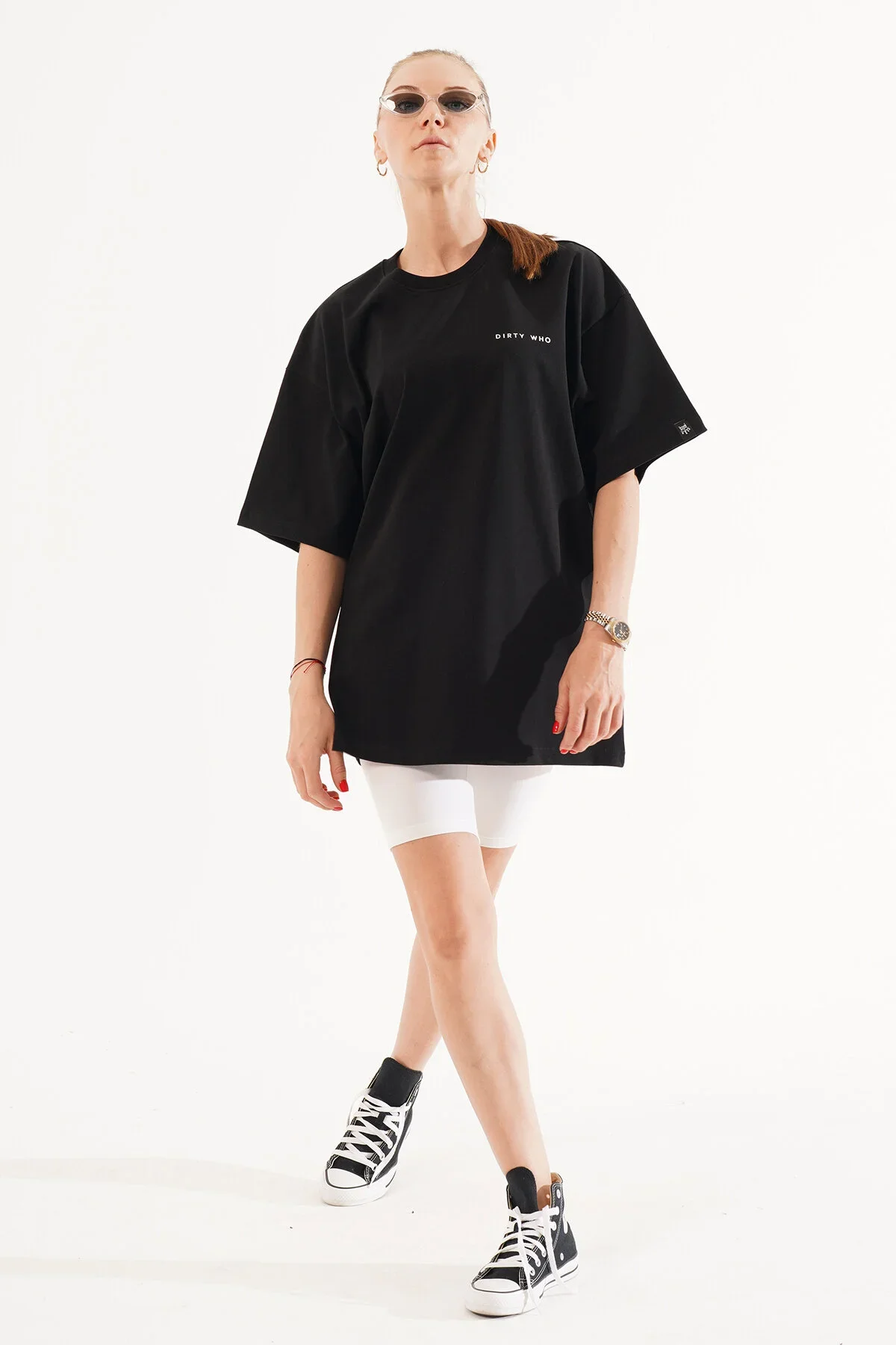 Kadın Kadife Baskılı Siyah Oversize T-Shirt - görsel 6