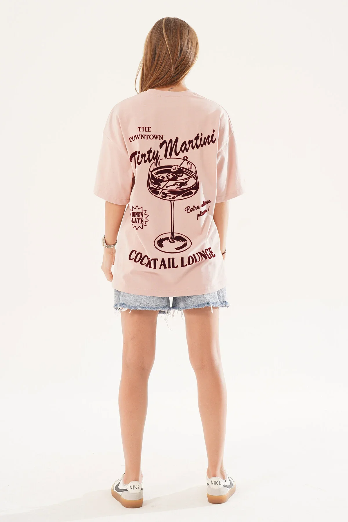 Kadın Kadife Baskılı Pudra Oversize T-Shirt