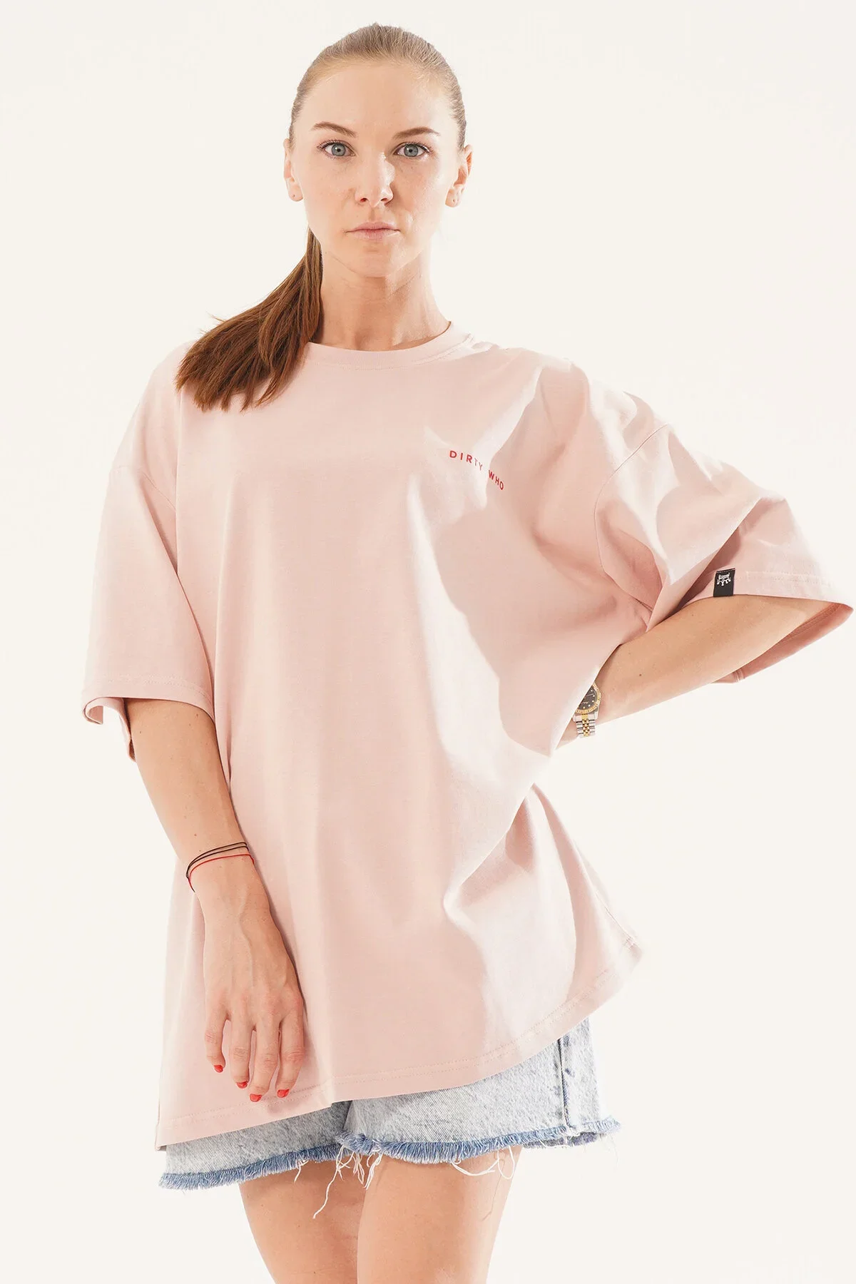 Kadın Kadife Baskılı Pembe Oversize T-Shirt