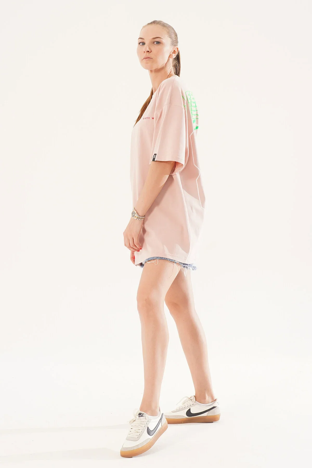 Kadın Kadife Baskılı Pembe Oversize T-Shirt - görsel 6