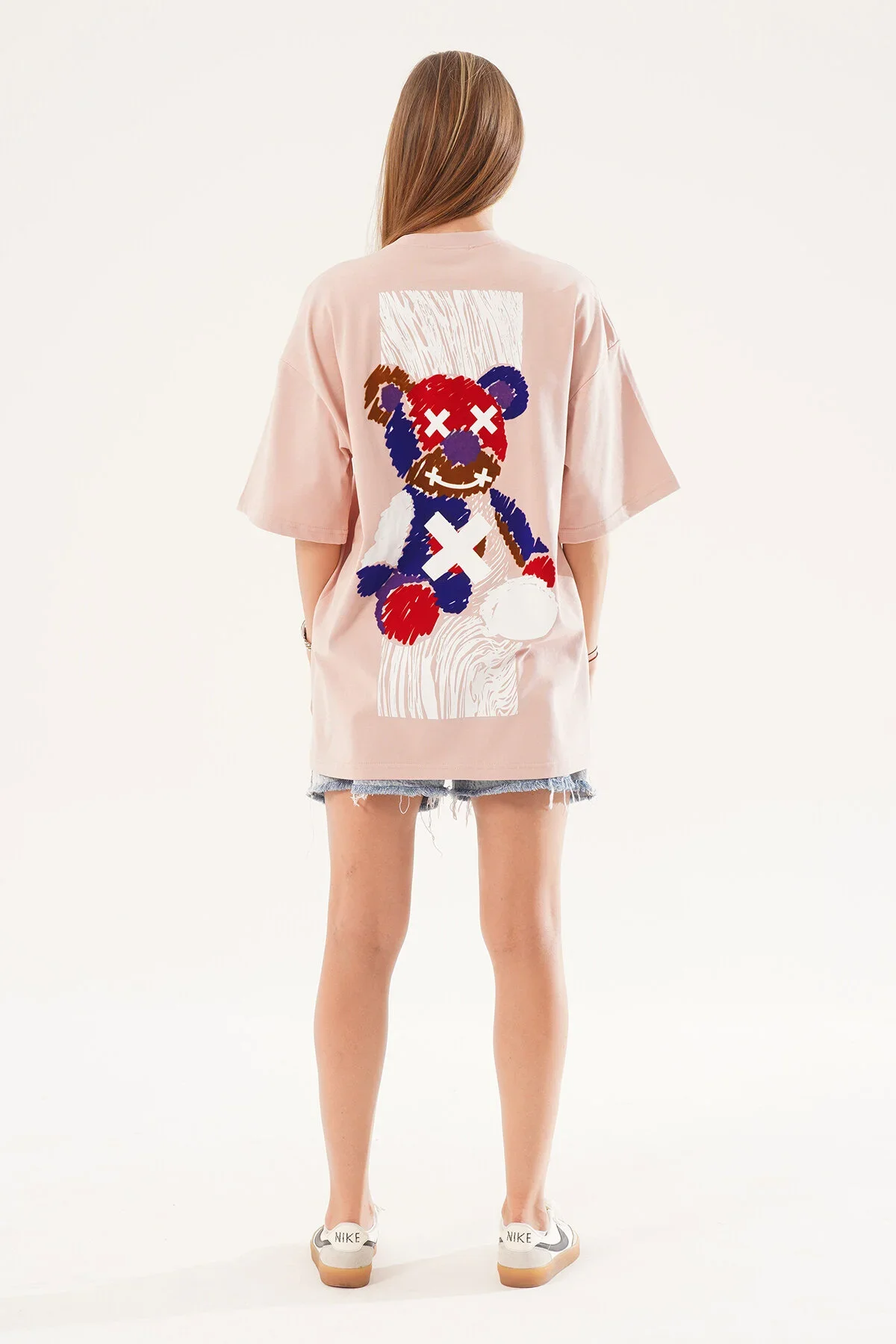 Kadın Kadife Baskılı Pembe Oversize T-shirt