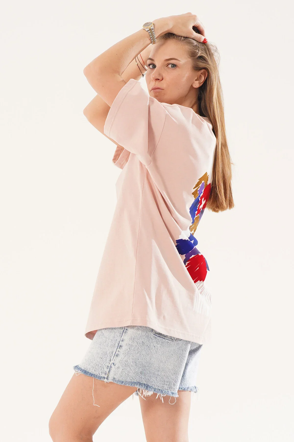 Kadın Kadife Baskılı Pembe Oversize T-shirt