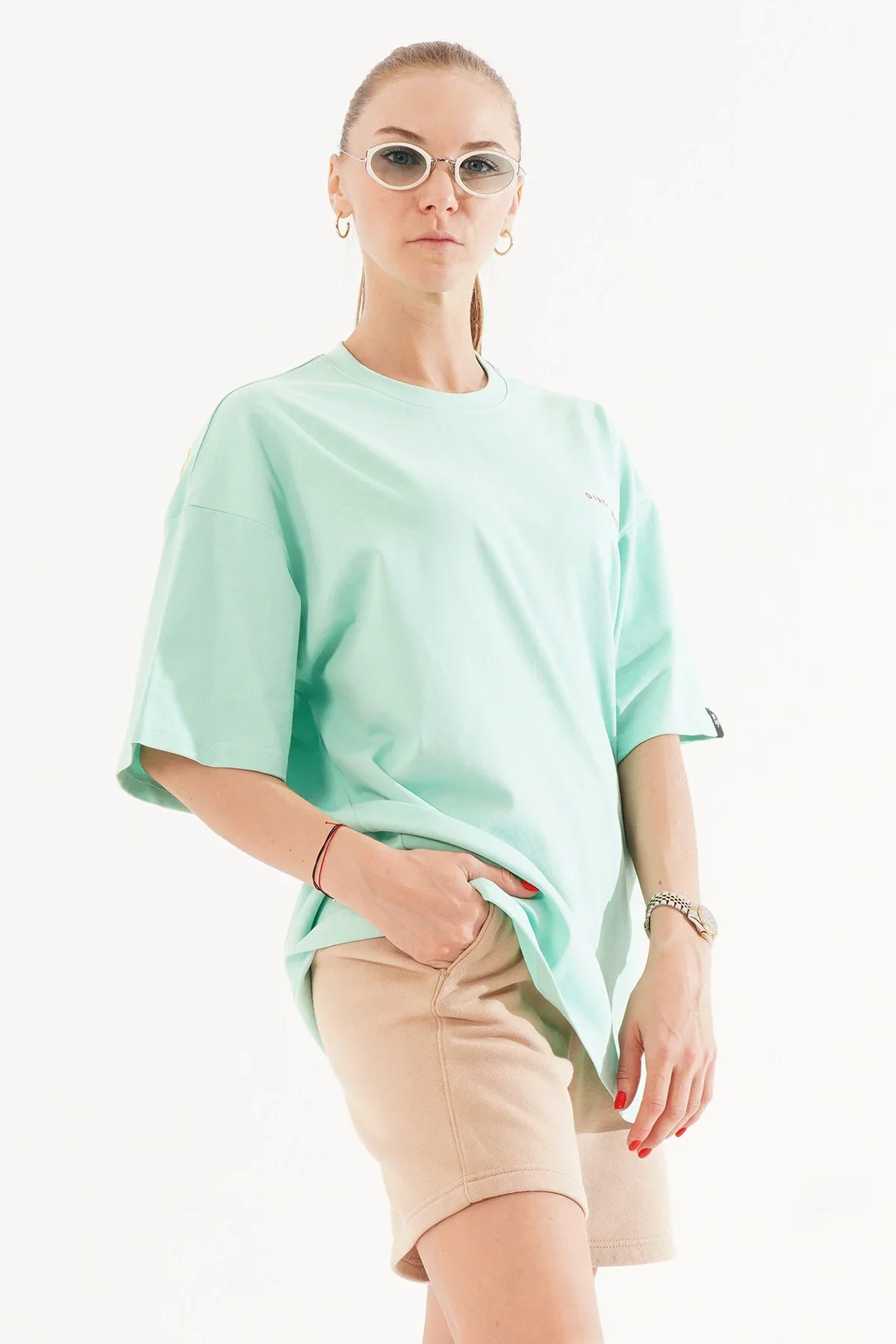 Kadın Kadife Baskılı Turkuaz Oversize T-Shirt