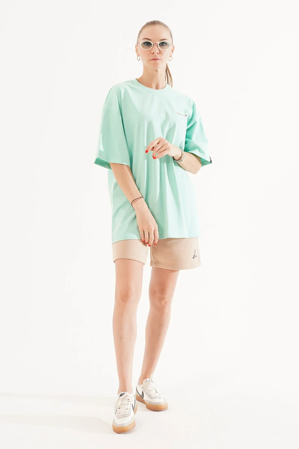 Kadın Kadife Baskılı Turkuaz Oversize T-Shirt - görsel 6
