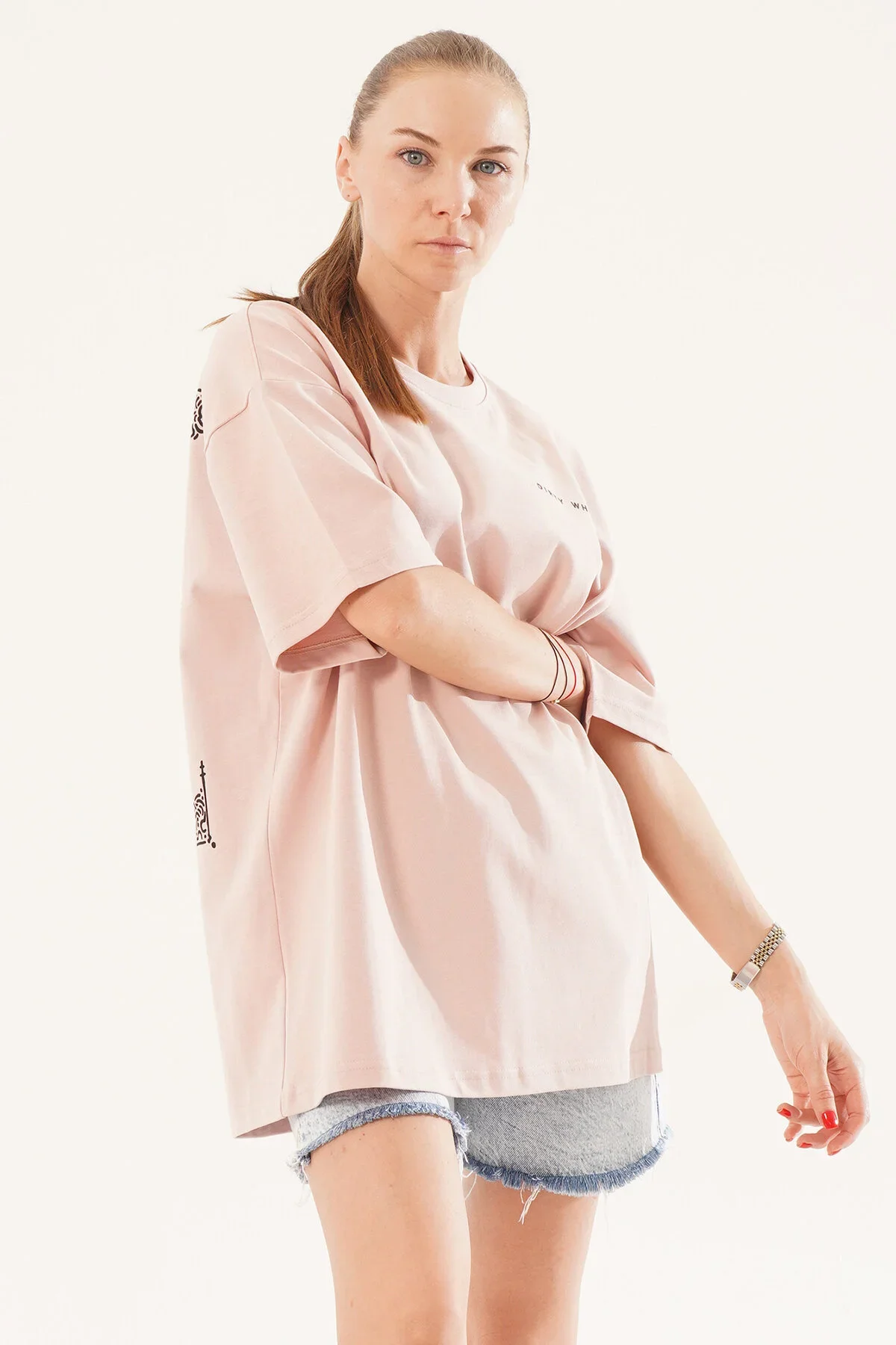 Kadın Kadife Baskılı Pembe Oversize T-Shirt