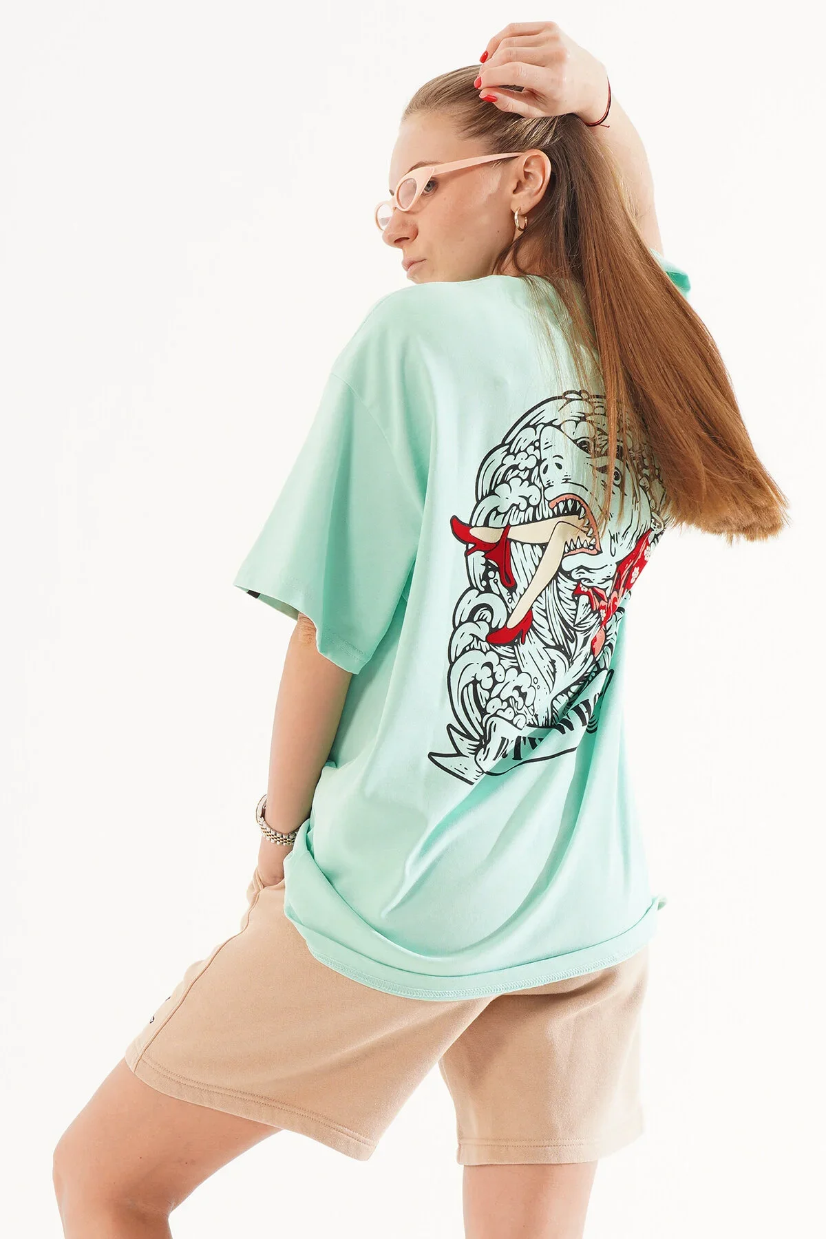 Kadın Kadife Baskılı Beyaz Oversize T-Shirt
