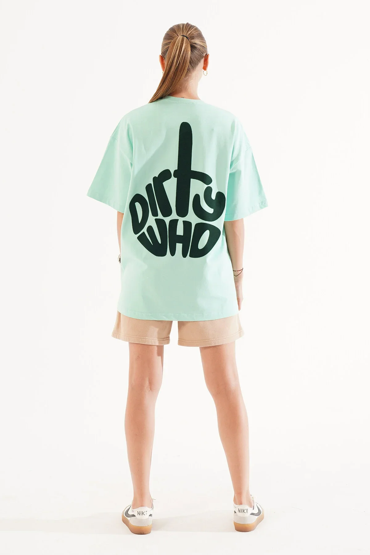 Kadın Kadife Baskılı Turkuaz Oversize T-Shirt
