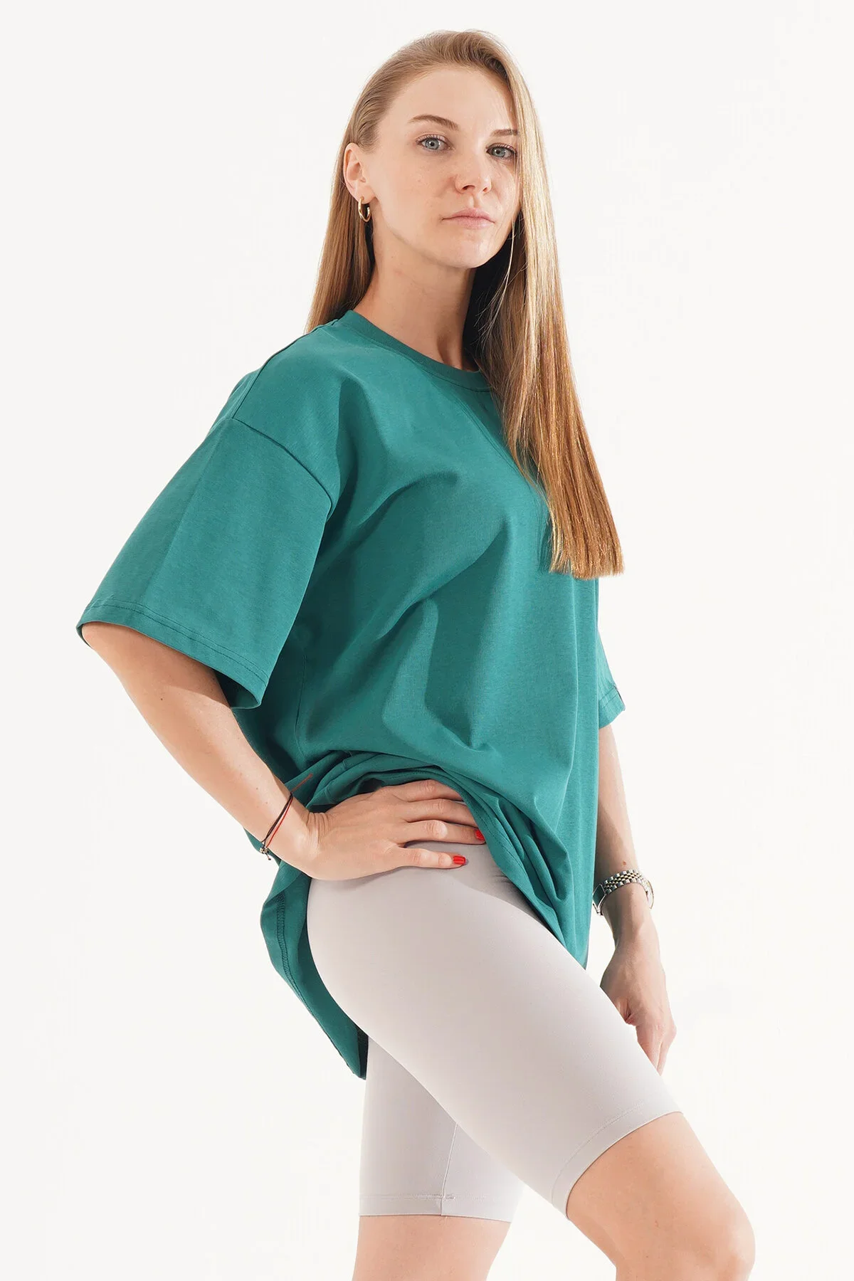 Kadın Kadife Baskılı Yeşil Oversize T-Shirt