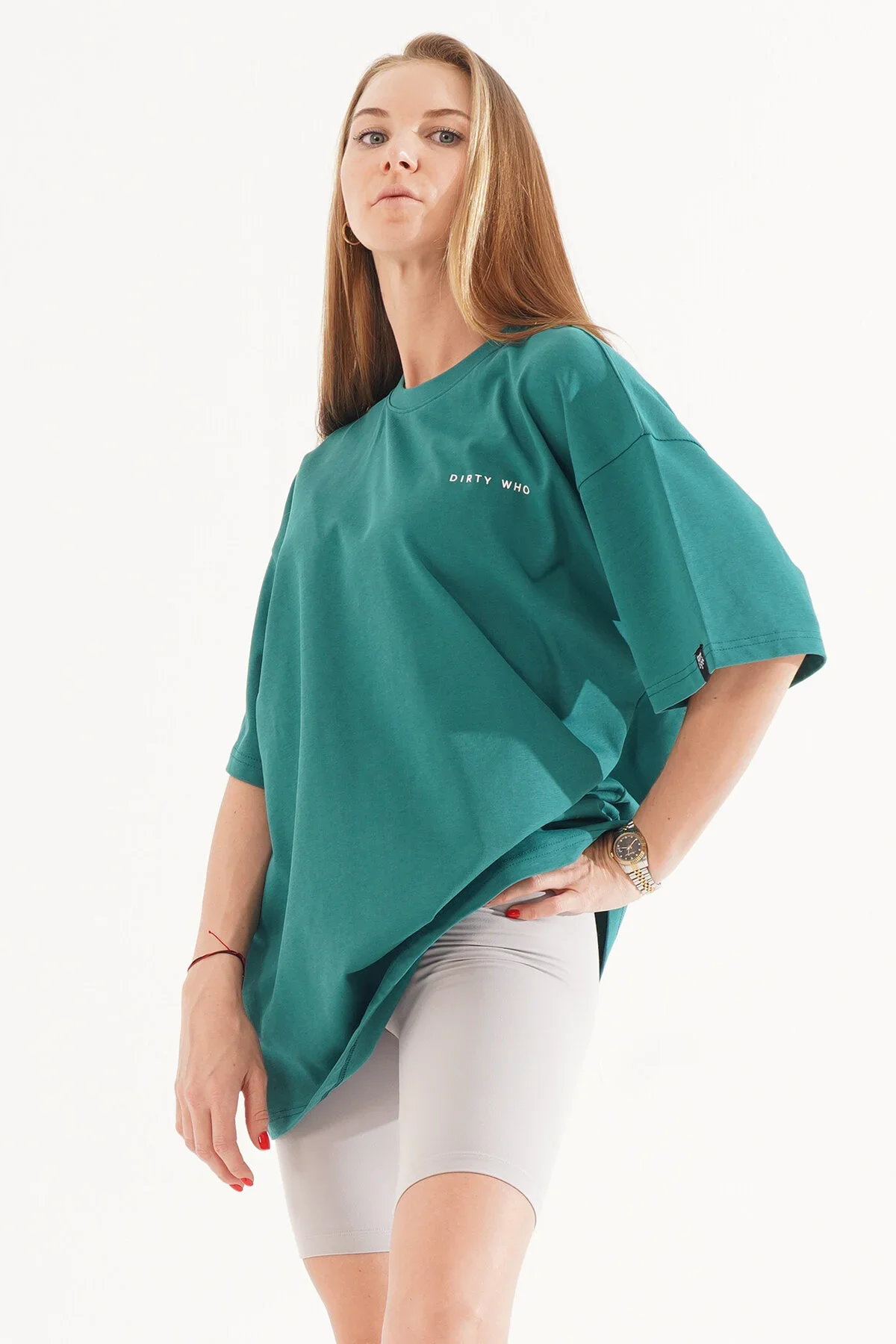 Kadın Kadife Baskılı Yeşil Oversize T-Shirt